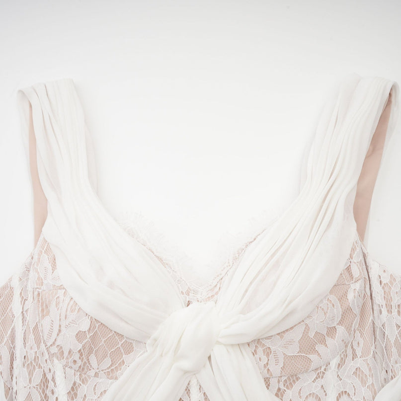 Violetta White Lace Maxi Dress V-neck Pleat Twist Detailing Ribbon Zip Elegant Sophisticated Women's Dress