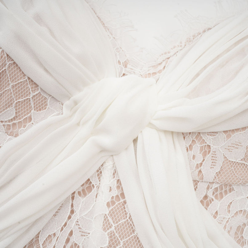 Violetta White Lace Maxi Dress V-neck Pleat Twist Detailing Ribbon Zip Elegant Sophisticated Women's Fashion