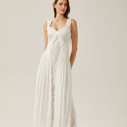 Violetta White Lace Maxi Dress V-neck Sleeveless Twist Detail Ribbon Zipper Elegant Sophisticated Women's Fashion