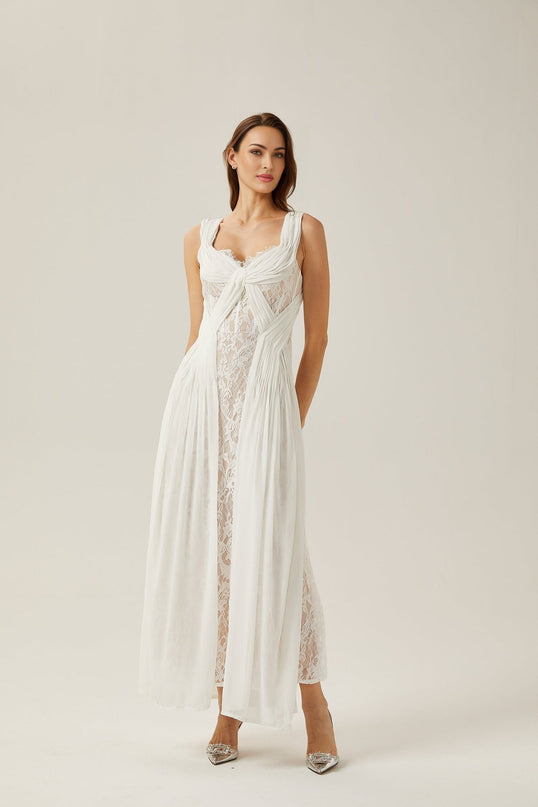 Violetta White Lace Maxi Dress V-neck Sleeveless Twist Detail Ribbon Zipper Elegant Sophisticated Women's Fashion