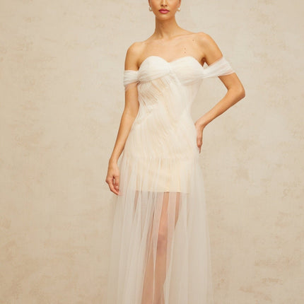 Violetta White Tulle Maxi Dress Pleated Off-Shoulder Sweetheart Neckline Draped Detailing Rear Zip Fastening Formal Gown 100% Terylene Fiber Composition