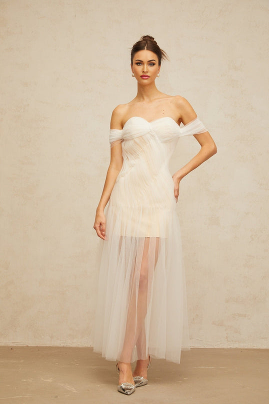 Violetta White Tulle Maxi Dress Pleated Off-Shoulder Sweetheart Neckline Draped Detailing Rear Zip Fastening Formal Gown 100% Terylene Fiber Composition