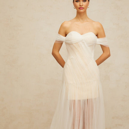Violetta White Tulle Pleated Maxi Dress with Off-Shoulder Hemline