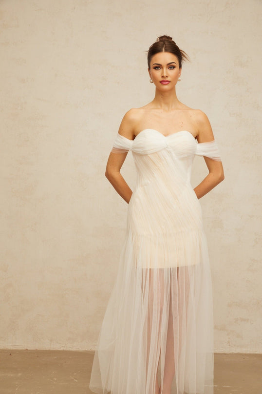 Violetta White Tulle Pleated Maxi Dress with Off-Shoulder Hemline