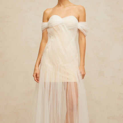 Violetta White Tulle Pleated Maxi Dress