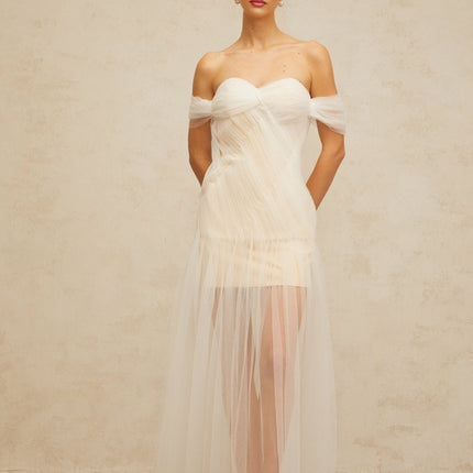 Violetta White Tulle Pleated Maxi Dress