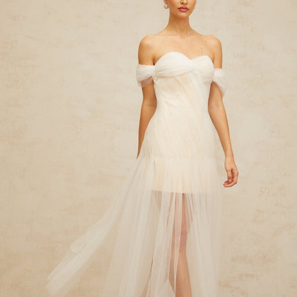 Violetta White Tulle Pleated Maxi Dress Off-Shoulder Sweetheart Neckline Draped Detailing Rear Zip Fastening Formal Gown Luxury 100% Terylene Fiber Composition