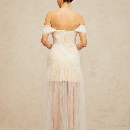Violetta White Tulle Pleated Maxi Dress