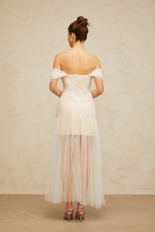 Violetta White Tulle Pleated Maxi Dress