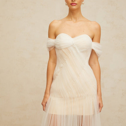 Violetta White Tulle Pleated Maxi Dress Off-Shoulder Sweetheart Neckline Draped Detailing Rear Zip Fastening Formal Evening Gown