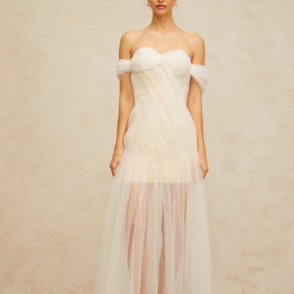 Violetta White Tulle Pleated Maxi Dress with Off-Shoulder Hemline