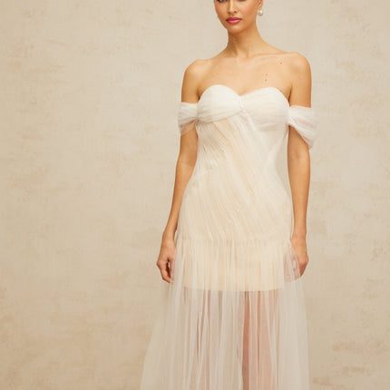 Violetta White Tulle Pleated Maxi Dress