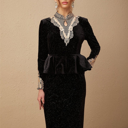 Virginia Black and Gold Tone Lace Midi Dress with Sequin Embellishments and Ruffled Accents