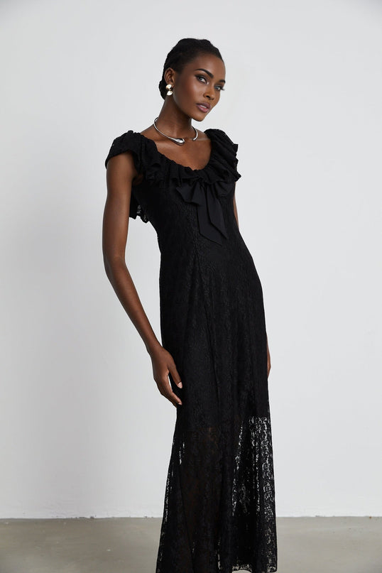 Virginia Black Chantilly Lace Bow Trim Slip Dress