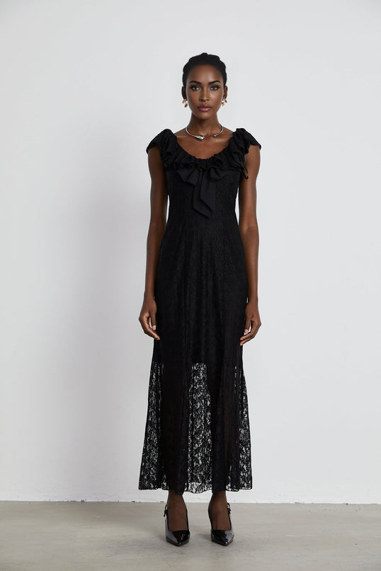 Virginia Black Chantilly Lace Gown Bow Trim Slip Dress Model 5'10 Size M