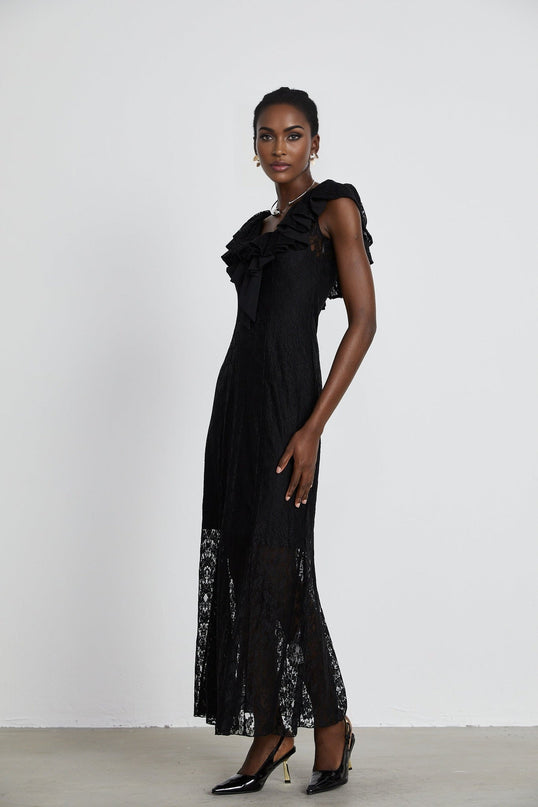 Virginia Black Chantilly Lace Gown Bow Trim Slip Dress