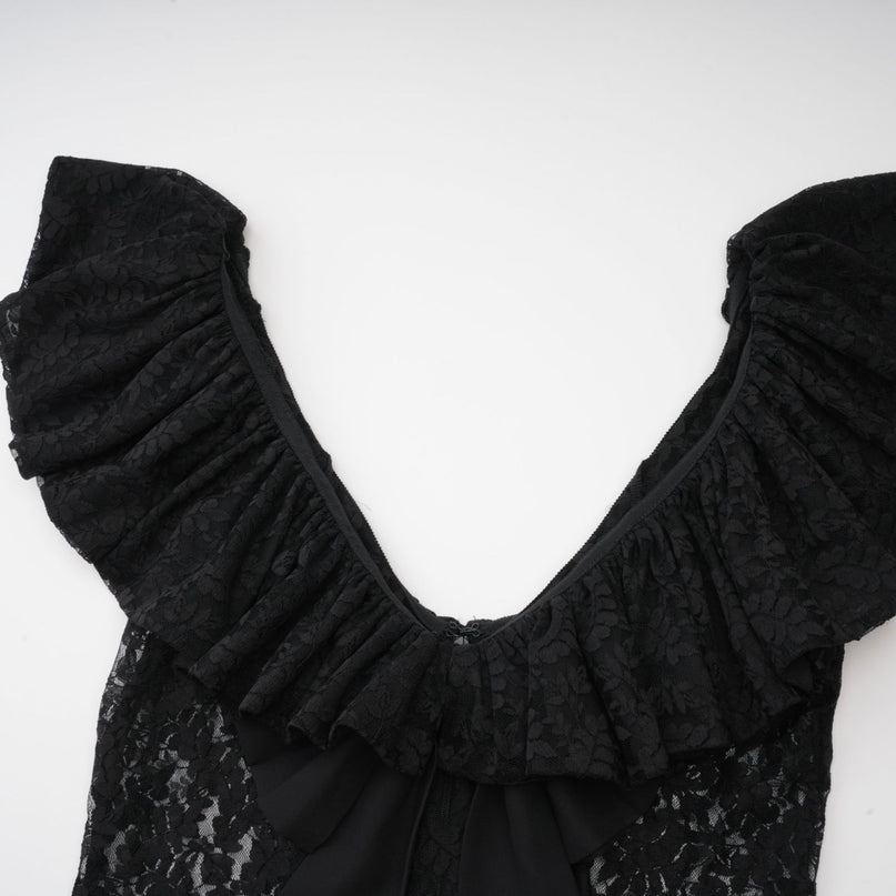 Virginia Black Chantilly Lace Gown Bow Trim Slip Dress