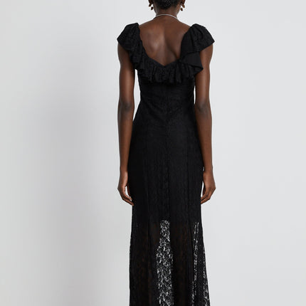Virginia Black Chantilly Lace Gown Bow Trim Slip Dress Model 5'10 Size M V-neckline Ruffled Trim Semi-sheer Detachable Slip Dress Rear Hook Zip Fastening 50% Polyester 50% Viscose