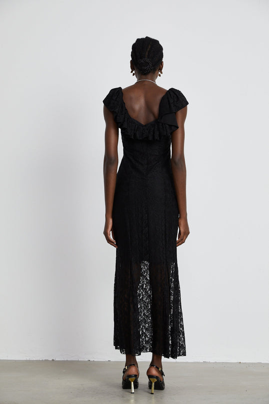 Virginia Black Chantilly Lace Gown Bow Trim Slip Dress Model 5'10 Size M V-neckline Ruffled Trim Semi-sheer Detachable Slip Dress Rear Hook Zip Fastening 50% Polyester 50% Viscose