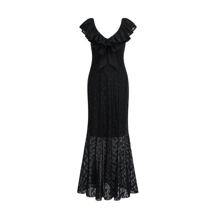 Virginia Black Chantilly Lace Gown Bow Trim Slip Dress Model 5'10 Size M