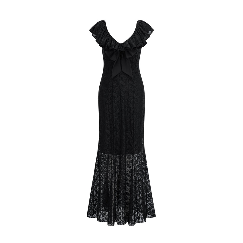 Virginia Black Chantilly Lace Gown Bow Trim Slip Dress Model 5'10 Size M