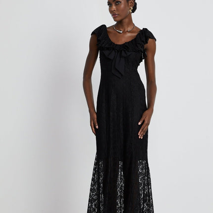 Virginia Black Chantilly Lace Gown Bow Trim Slip Dress Model 5'10 Size M V-neckline Ruffled Trim Semi-sheer Detachable Slip Dress Polyester Viscose