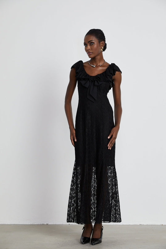 Virginia Black Chantilly Lace Gown Bow Trim Slip Dress Model 5'10 Size M V-neckline Ruffled Trim Semi-sheer Detachable Slip Dress Polyester Viscose