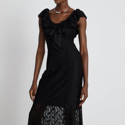 Virginia Black Chantilly Lace Gown Bow Trim Slip Dress