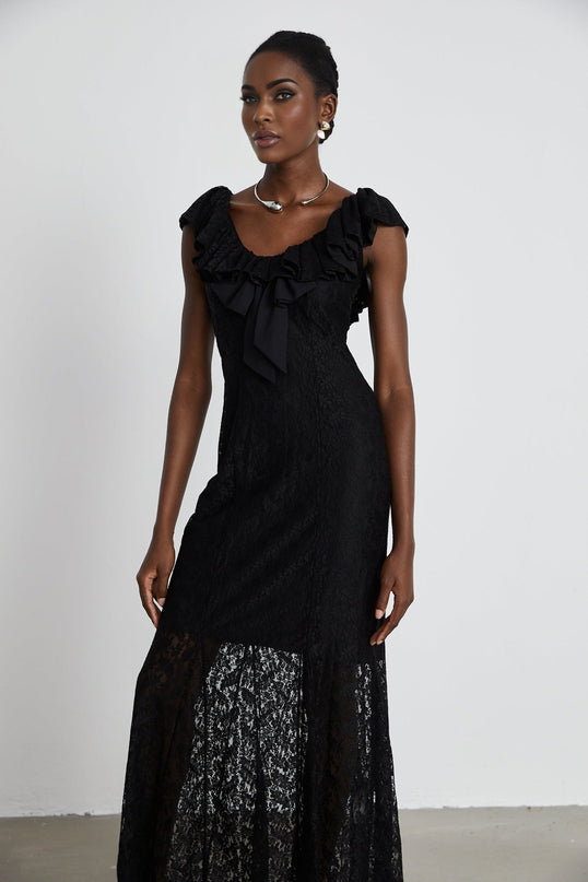 Virginia Black Chantilly Lace Gown Bow Trim Slip Dress