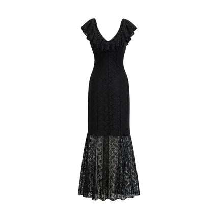 Virginia Black Chantilly Lace Gown Bow Trim Slip Dress Model 5'10 Size M V-Neckline Ruffled Trim Semi-Sheer Detachable Slip Dress Polyester Viscose Rear Hook Zip Fastening