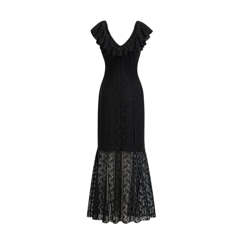 Virginia Black Chantilly Lace Gown Bow Trim Slip Dress Model 5'10 Size M V-Neckline Ruffled Trim Semi-Sheer Detachable Slip Dress Polyester Viscose Rear Hook Zip Fastening