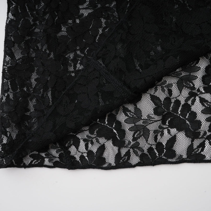 Virginia Black Chantilly Lace Gown Bow Trim Slip Dress Model 5'10 Size M V-Neckline Ruffled Trim Semi-Sheer Detachable Slip Dress Rear Hook Zip Fastening 50% Polyester 50% Viscose