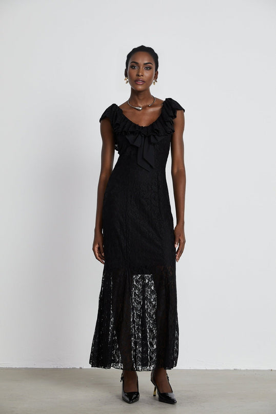 Virginia Black Chantilly Lace Gown Bow Trim Slip Dress