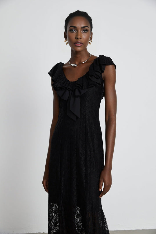 Virginia Black Chantilly Lace Gown Bow Trim Slip Dress