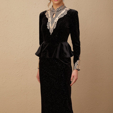 Virginia Black and Gold Sequin Lace Midi Dress with Ruffled Accents and Cut-Out Sleeves