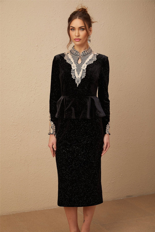 Virginia Black and Gold Sequin Lace Midi Dress with Ruffled Accents and Cut-Out Sleeves