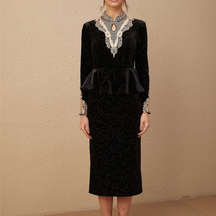 Virginia Black and Gold Sequin Lace Midi Dress with Ruffled Accents and Cut-Out Sleeves