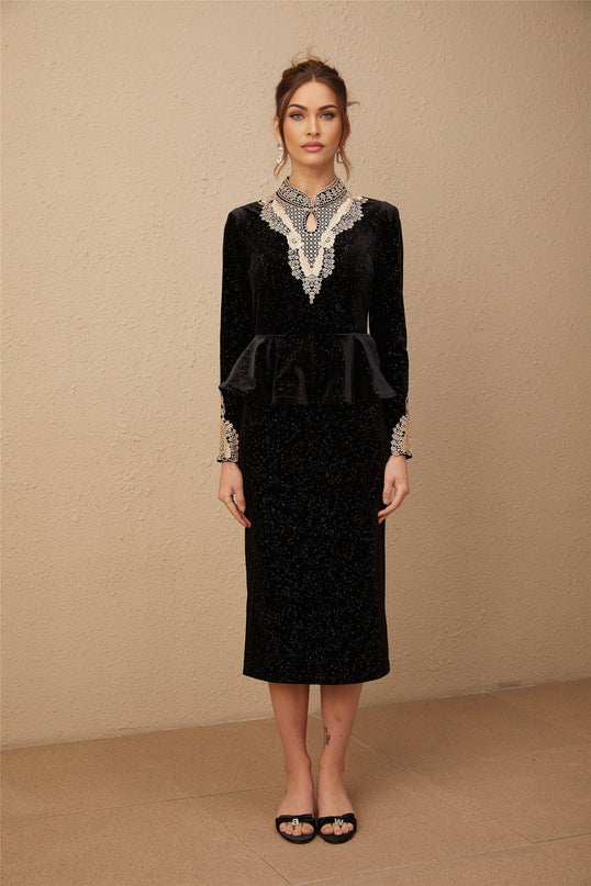 Virginia Black and Gold Sequin Lace Midi Dress with Ruffled Accents and Cut-Out Sleeves