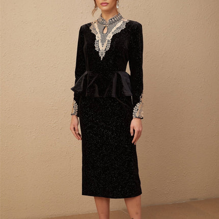 Virginia Black and Gold Sequin Lace Midi Dress with Ruffled Accents and Cut-Out Sleeves