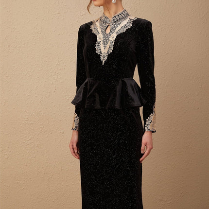 Virginia Black and Gold Sequin Lace Midi Dress with Ruffled Accents and Cut-Out Sleeves