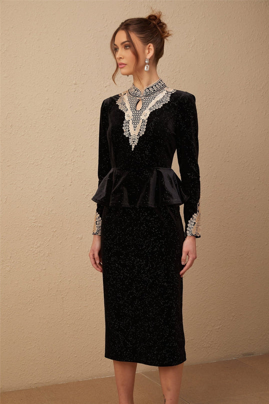 Virginia Black and Gold Sequin Lace Midi Dress with Ruffled Accents and Cut-Out Sleeves