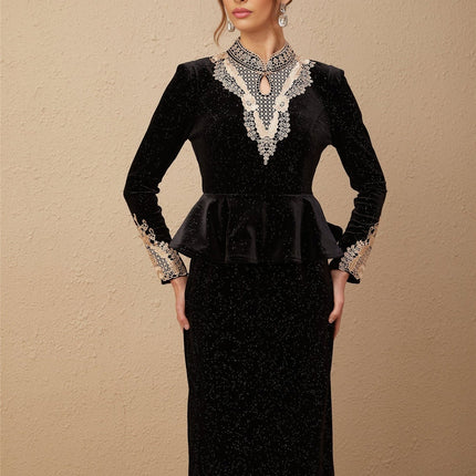 Virginia Black and Gold Sequin Lace Midi Dress with Ruffled Accents