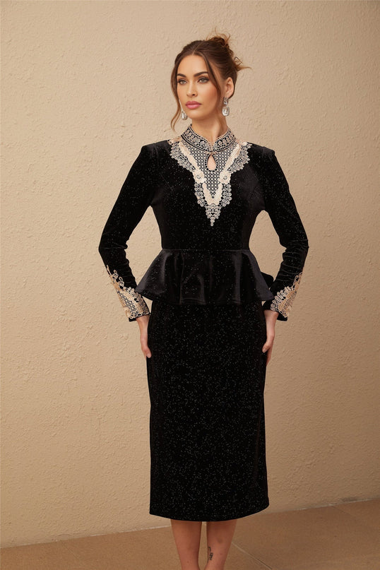 Virginia Black and Gold Sequin Lace Midi Dress with Ruffled Accents