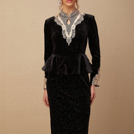 Virginia Black and Gold Sequin Lace Midi Dress with Ruffled Accents and Cut-Out Sleeves