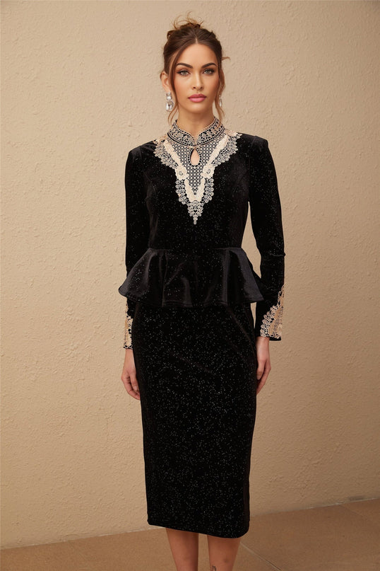 Virginia Black and Gold Sequin Lace Midi Dress with Ruffled Accents and Cut-Out Sleeves