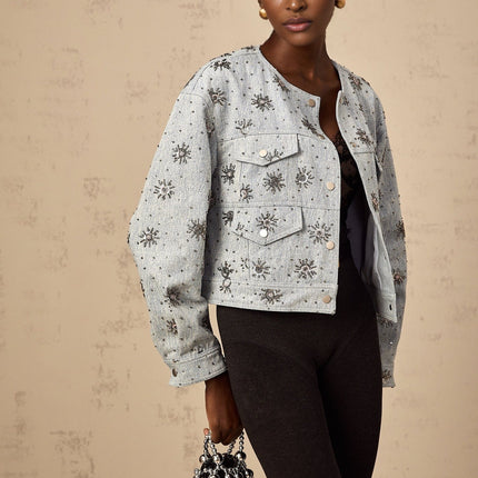Virginia Blue Denim Jacket with Studded Sun Motif