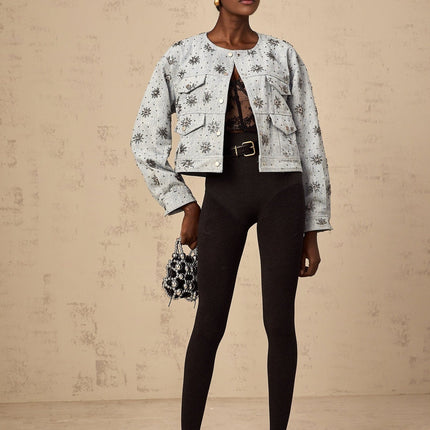 Virginia Blue Denim Jacket with Studded Sun Motif