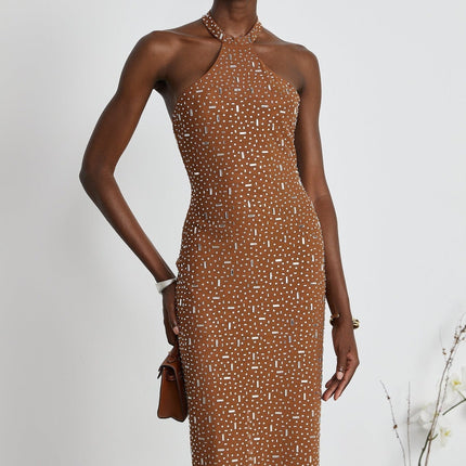 Virginia Brown Crystal Embellished Halter Neck Bodycon Maxi Dress