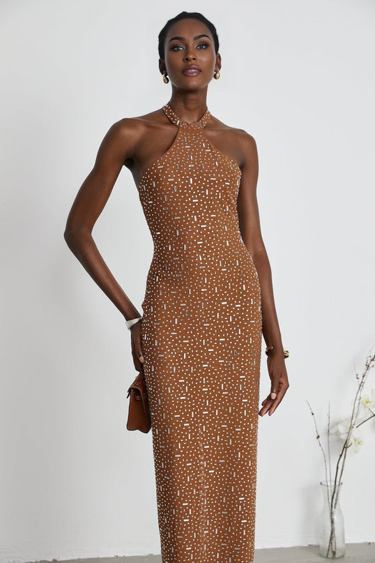 Virginia Brown Crystal Embellished Halter Neck Bodycon Maxi Dress