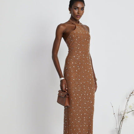 Virginia Brown Crystal Embellished Halter Neck Bodycon Maxi Dress
